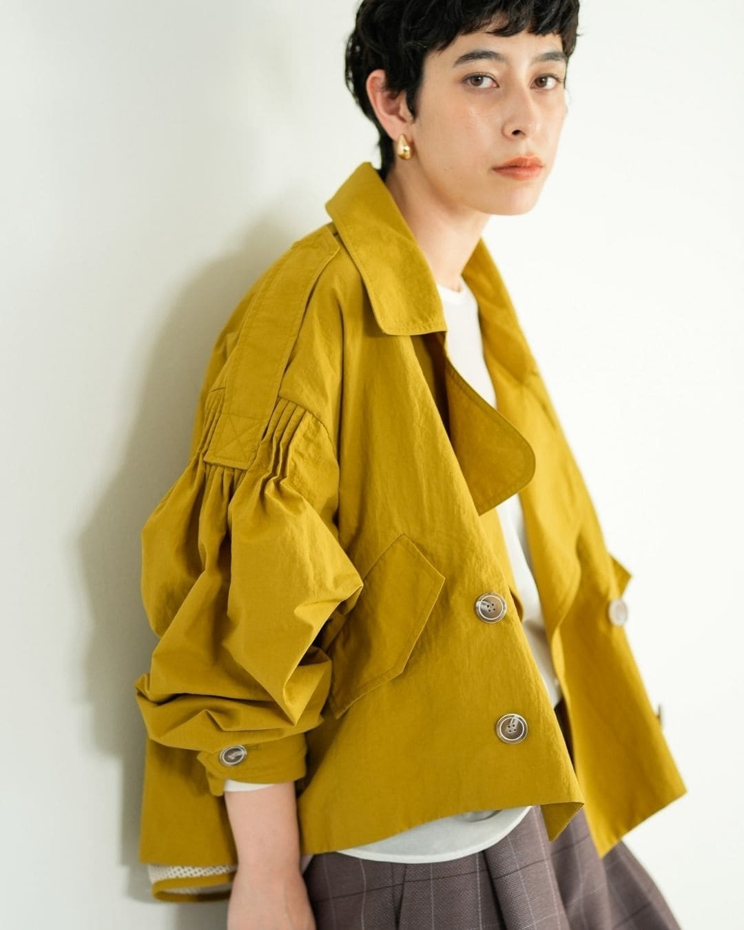 archive shell jacket チェック柄 黄色 短丈 ドローコード テントラインショートトレンチコート – Lallia Mù